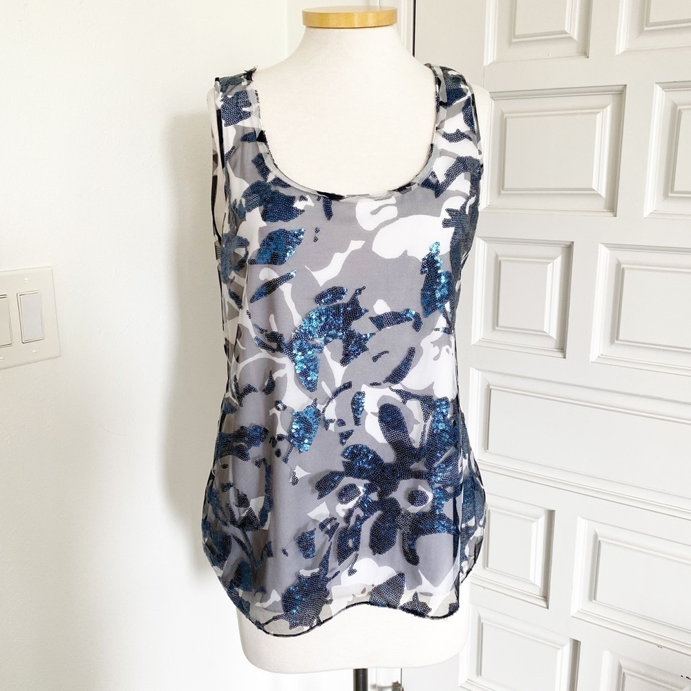 Elie Tahari Tank Blouse Blue Sequins Gray White Floral Camo Pattern Size Large